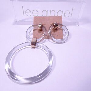 Lee Angel Light Lucite Gold Double Hoop Ball Uneven Drop Earrings NWT 110